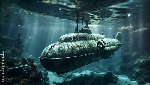 Military submarine diving underwater
