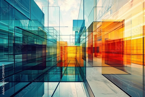 Intriguing multiple exposure showcasing modern abstract glass architectural forms, merging contemporary design with artistic expression