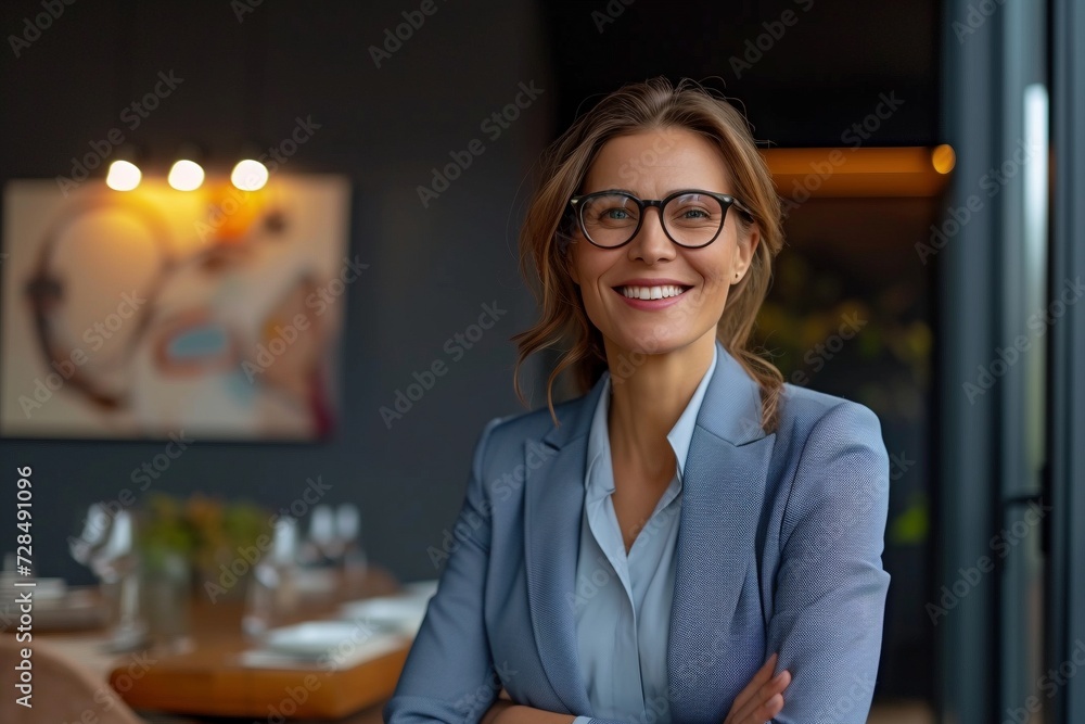 Radiant young businesswoman with golden blonde hair exudes happiness and professionalism in a contemporary office, signaling triumph and leadership Radiant young businesswoman with golden blonde hair exudes happiness and professionalism in a contemporary office, signaling triumph and leadership
