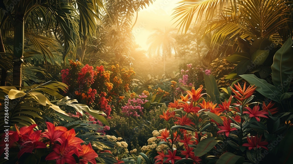 A panoramic view of a tropical botanical garden with a wide variety of flowers.  - obrazy, fototapety, plakaty 