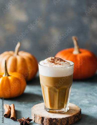 Pumpkin latte with whipped cream in a glass cup and orange pumpkins on a gray background