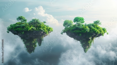 Floating Island Oasis Amidst Clouds. Dreamy floating islands with lush greenery  suspended in a sky of soft clouds.