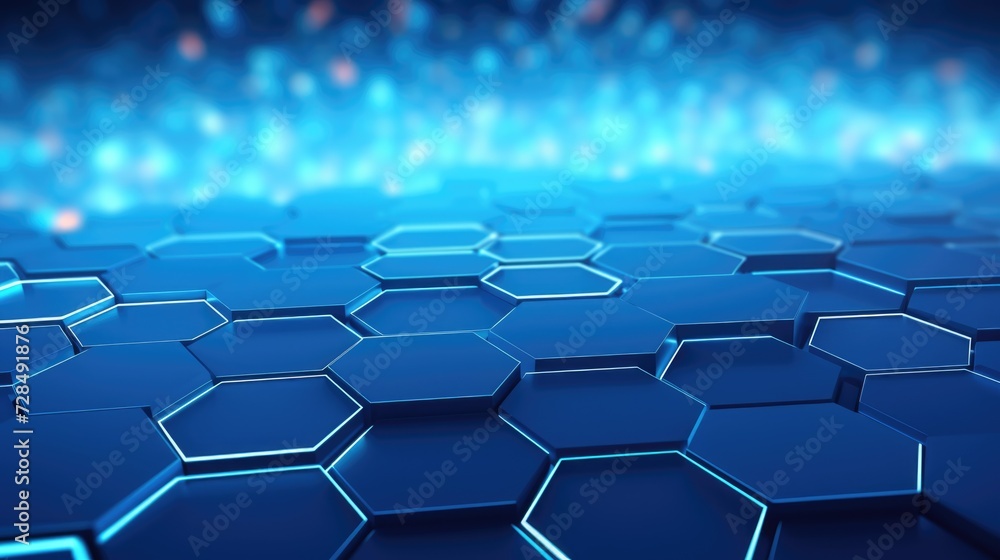 Naklejka premium Blue Grid Technology in Cyberspace. Futuristic Background of Geometric Hexagons with Blur Effect