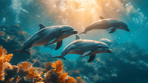 group of dolphins in underwater with the sunlight penetration © growth.ai