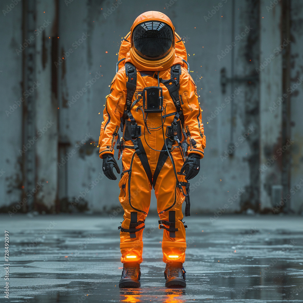 An astronaut clothed in a vibrant orange suit strides confidently in a gritty industrial setting. An astronaut clothed in a vibrant orange suit strides confidently in a gritty industrial setting.