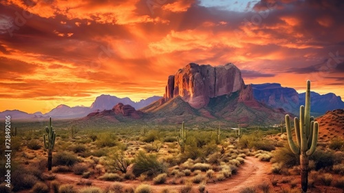 Arizona Desert Sunset Landscape with Saguaro Cactus and Mountain in Phoenix, USA. Capture