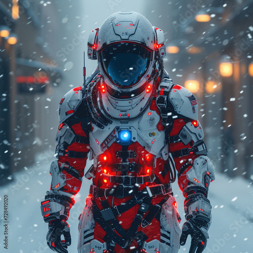 Futuristic Astronaut Walking in Snowy Urban Environment © swissa