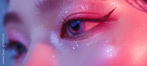 whimsical pretty woman eyes with glitter glow diamond dust make up  pink blue tone  naive look  Generative Ai