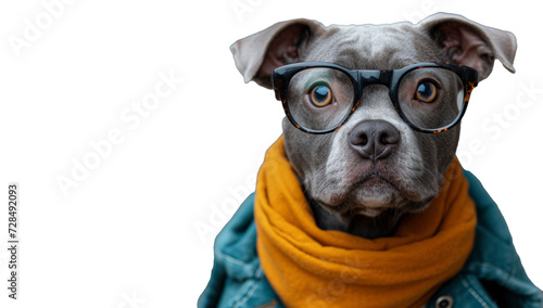 Stylish dog wearing glasses and a scarf against transparent background © Iona