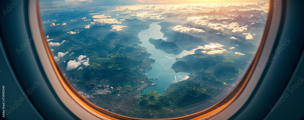 From the perspective of a airplane wing, a winding river, lush surroundings, bridge unfold below, illustrating the journey's beauty and the breathtaking vistas of nature, happiness and travel concept From the perspective of a airplane wing, a winding river, lush surroundings, bridge unfold below, illustrating the journey's beauty and the breathtaking vistas of nature, happiness and travel concept