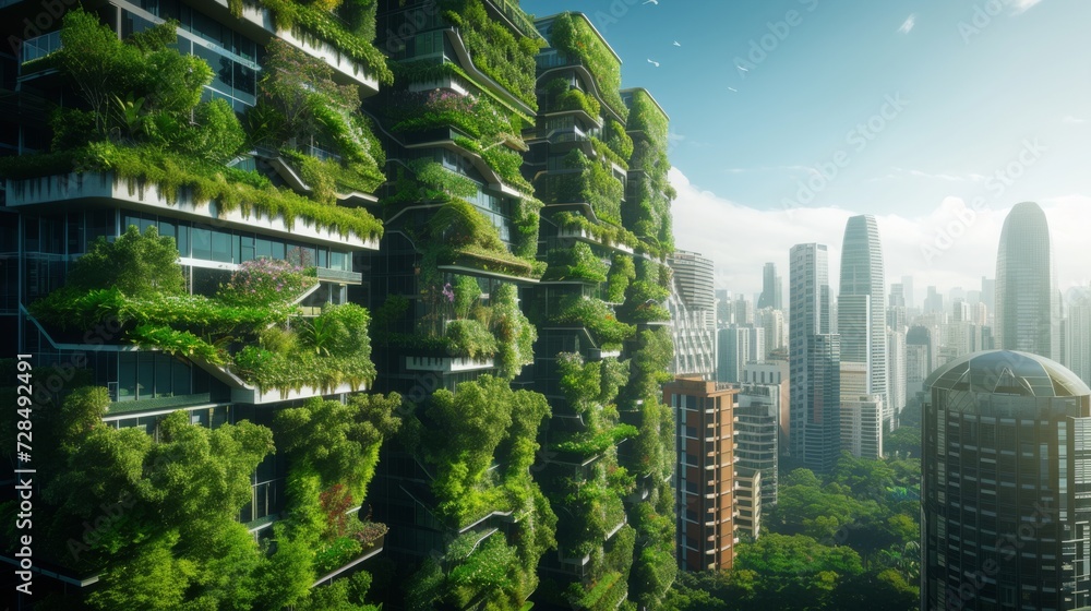Obraz premium Futuristic Vertical Gardens on City Skyscrapers. Modern skyscrapers with integrated vertical gardens against a cityscape.