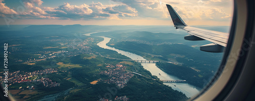 The airplane wing frames a view of a meandering river, verdant terrains, and a bridge, capturing the essence of travel and nature's splendor, happiness and travel concept , A Journey Above: