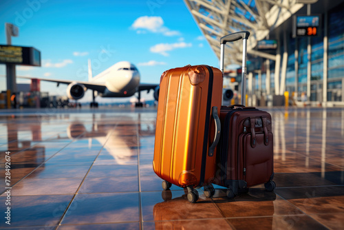 Suitcases on the background of an airplane at the airport, summer vacation concept