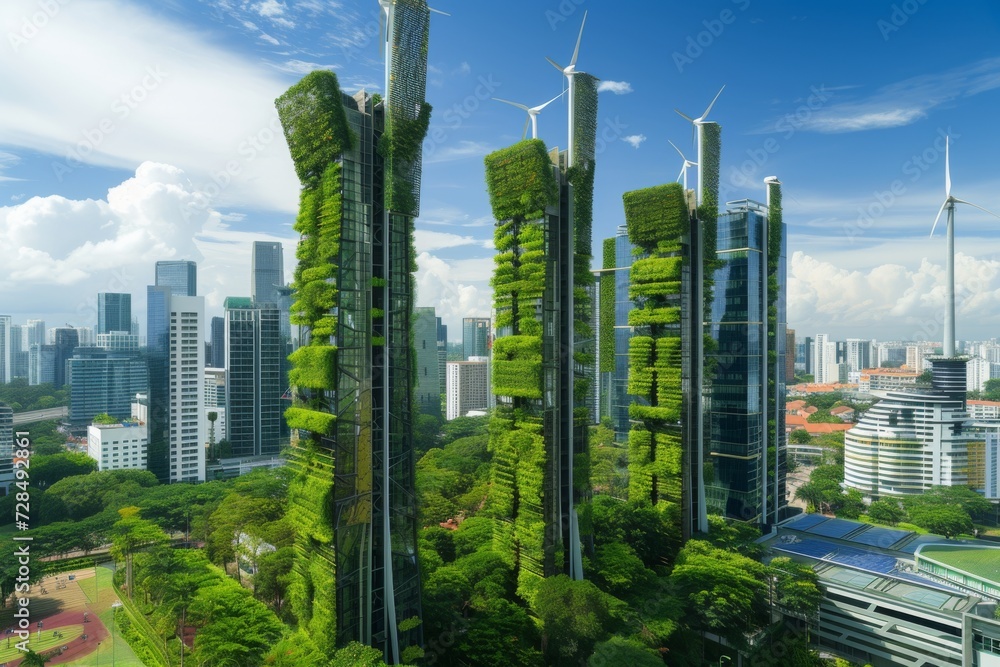 Eco-Friendly Skyscrapers with Renewable Energy. Eco-conscious skyscrapers with wind turbines against a backdrop of greenery.