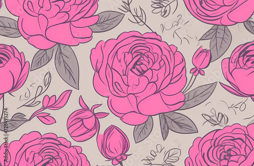 A pattern of pink peonies on a beige background. Illustration