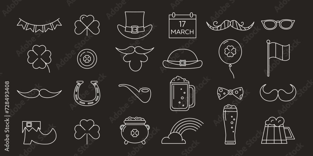 St. Patrick's Day line icons set, irish holiday collection. Simple linear style festive elements. Outline black vector illustration isolated on chalkboard background