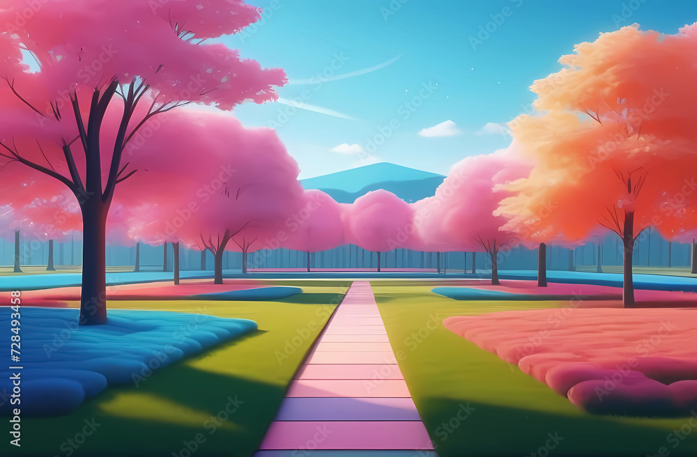 A park with blooming rose trees. Illustration