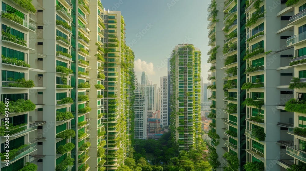 Towering Eco-Architecture Amidst Greenery. Eco-conscious towers with abundant balcony gardens. Towering Eco-Architecture Amidst Greenery. Eco-conscious towers with abundant balcony gardens.