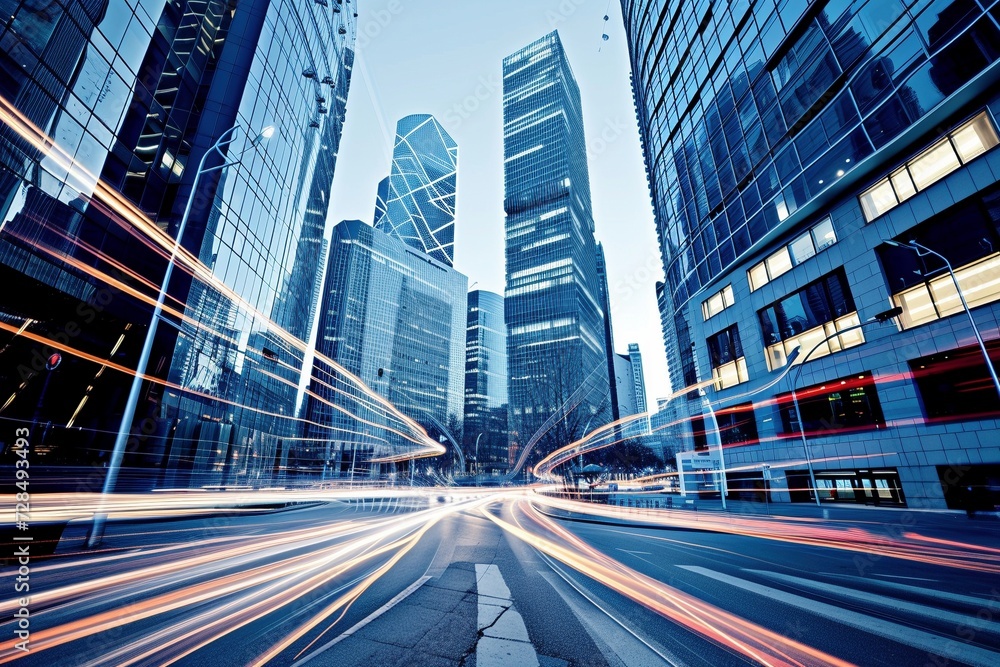 Obraz premium Dynamic cityscape showcases the mesmerizing dance of light trails illuminating the bustling streets below, revealing the heartbeat of the metropolis