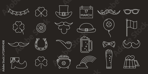 St. Patrick s Day line icons set  irish holiday collection. Simple linear style festive elements. Outline black vector illustration isolated on chalkboard background