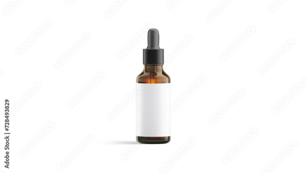 Transparent amber glass dropper bottle with label mockup, looped rotation