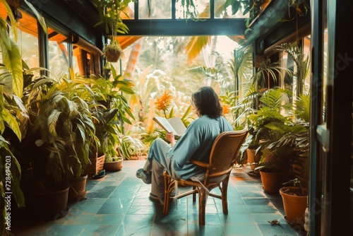 A woman enjoys reading a book surrounded by lush indoor plants in a serene garden room, exuding peace and tranquility. photo