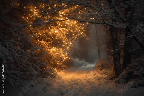 Night time in the snowy forest