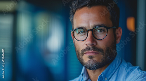 A visionary entrepreneur with a bold gaze, standing before a deep blue backdrop.  © AI ARTS