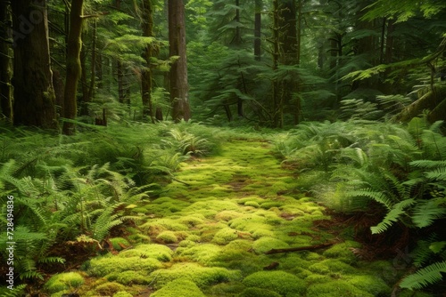 Mossy Forest Floor and Ferns. Verdant moss-covered forest ground surrounded by ferns.