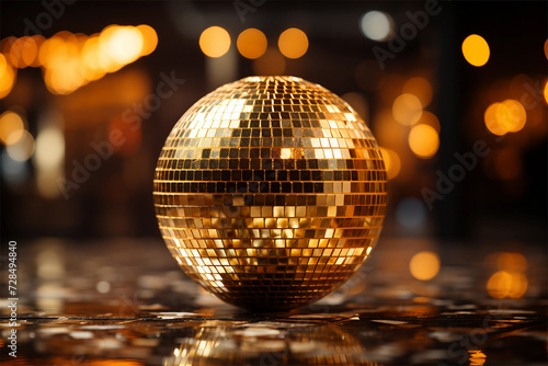 A gold disco ball on a black surface,AI generated photo.