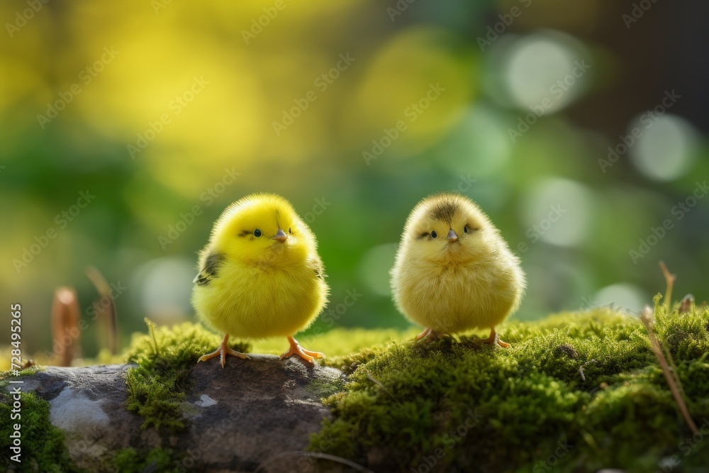 Banner adorable baby chicks on vibrant green grass, plenty of space for text or design, springtime scenery
