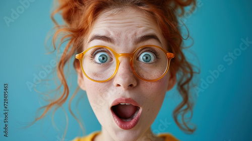 Close-up of a redhead woman looking surprised, wearing stylish glasses.