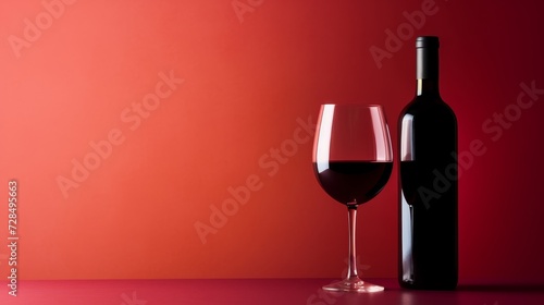 A glass of red wine and glass on a red background.