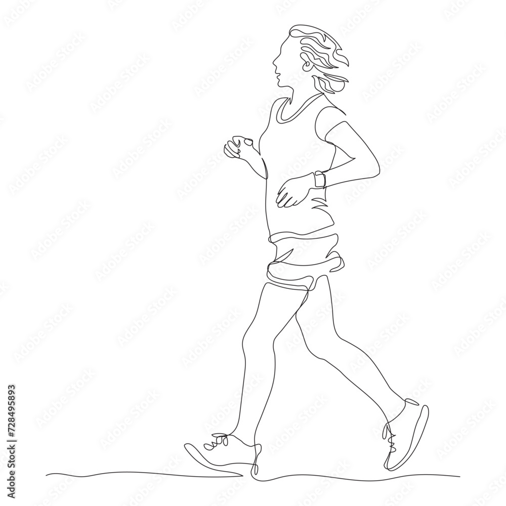 Fototapeta premium Woman jogging. Having hand watch. Side view. Continuous line drawing. Hand drawn vector illustration in line art style.
