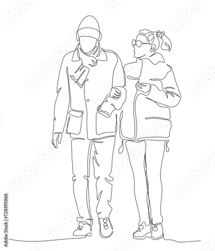 Woman walking with elderly man arm in arm. Wear winter warm clothes. Continuous line drawing. Hand drawn black and white vector illustration in line art style.