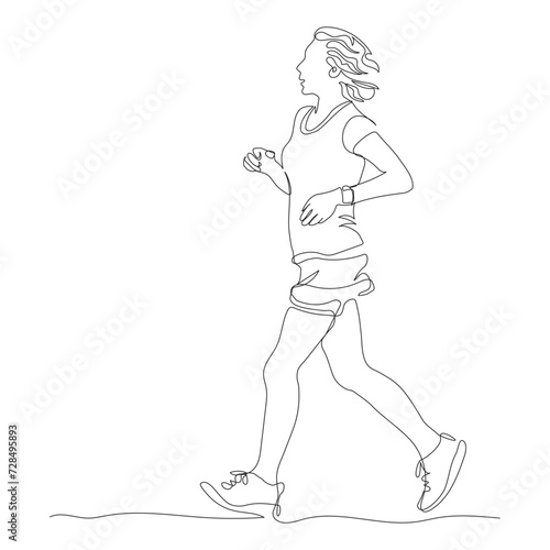 Woman jogging. Having hand watch. Side view. Continuous line drawing. Hand drawn vector illustration in line art style.