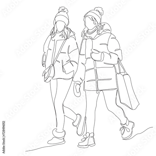 2 women in winter warm clothes walking with shopping bag. Wear hats with pom-pom, jackets and mittens. Continuous line drawing. Hand drawn vector in line art style. © Yulia