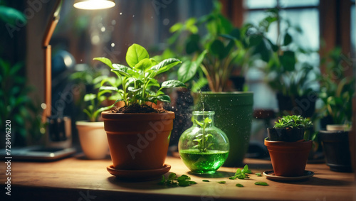 Person watering a small green plant