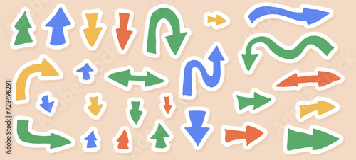 Arrows stickers set. Left right down up forward pointers.