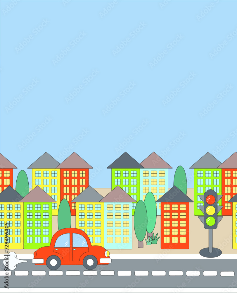 Template with a red car on a road in a city with buildings and a traffic light. Cartoon vector illustration for card, print, poster. Copy space.