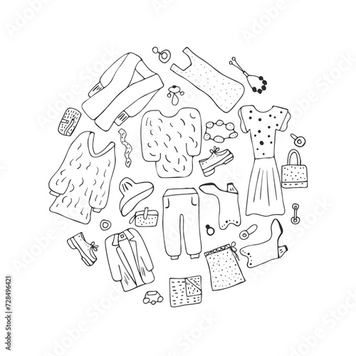 Woman clothes accessories doodle style circle composition isolated on white background. Ladies closet round badge. Vector illustration