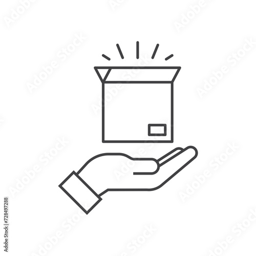 Hand holding glowing open box, delivery, surprise, shopping vector logo line art icon.
