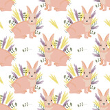 Seamless pattern, cute Easter bunnies and spring flowers on a white background. Holiday print, illustration, background, vector