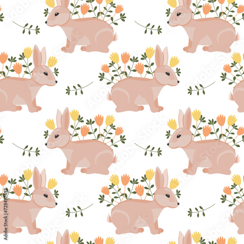 Fototapeta Naklejka Na Ścianę i Meble -  Seamless pattern, cute Easter bunnies and spring flowers on a white background. Holiday print, illustration, background, vector