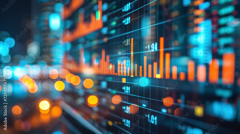 Abstract image of glowing financial charts, bars, and stock market data in holographic projection. Abstract image of glowing financial charts, bars, and stock market data in holographic projection.