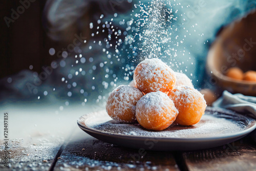 Close-up shot of Easter fritters sprinkled with sugar. Typical sweet in Spain known as "Buñuelos".
