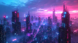 Dive into an abstract cityscape at twilight, where neon magenta and electric blue lights paint the skyline, creating a futuristic and vibrant urban panorama. 