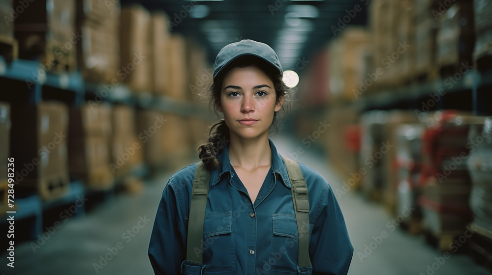 Young logistic blue-collar worker woman with hat looking at the camera in a warehouse Young logistic blue-collar worker woman with hat looking at the camera in a warehouse