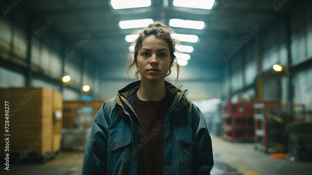 Young logistic blue-collar worker woman without hat looking at the camera in a warehouse Young logistic blue-collar worker woman without hat looking at the camera in a warehouse