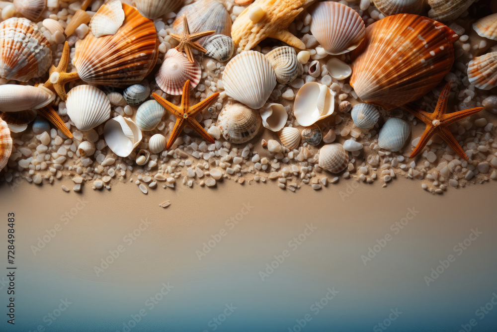 Beautiful sand beach background with seashells on the seashore with copy space